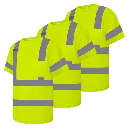 Besentinels Hi Vis Shirts for Men & Women, Short Sleeve Class 3 High Visibility Safety Shirts with Reflective Strips, Yellow X-Large 3Pcs