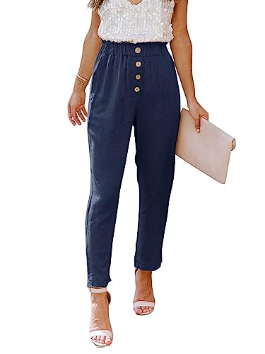 Nimin Work Pants For Women High Waist Pants With Pockets Stretchy Solid Chic Pants Loose Summer Beach Pants With Button Navy Blue X-Large #TOP13