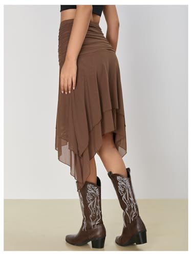 Women's Ruffle Ruched Mesh Asymmetrical Skirt Western Layered Midi Skirts2