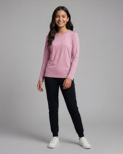Image of Real Essentials 4 Pack: Girls' Dry-Fit Long Sleeve Crew Neck T-Shirt - Athletic Activewear Soccer Top for Teens Kids Youth