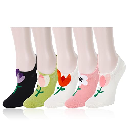 Fun Art Flower Socks For Women Novelty Fuzzy Cute Retro White Pink Floral No Show Half Socks Crazy Black Vintage Tulip Flower Print Colorful Cartoon Low Cut Liner Athletic Sock Kawaii Teen Girls Gifts #TOP26