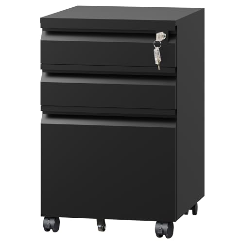 Image of DEVAISE 3 Drawer File Cabinet, Metal Filing Cabinet with Lock, Under Desk Cabinet with Wheels for Home Office, Fits Legal/A4/Letter Size, Required Assembly, Black