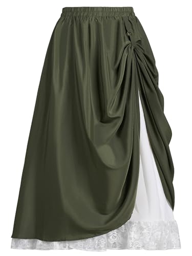 YESSA Womens Renaissance Flowy Fairy Skirt Lace Layered Ren Faire Maxi Skirts High Waist Victorian Medieval Pirate Skirt with Pocket Dark Green Medium