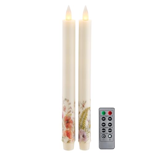 Image of Flameless Taper Candles Flickering with Remote and Timer, 3D Moving Flame Taper Candle Battery Operated to 400 Hours, 9 Inch Window Candles, (Wild Flower)