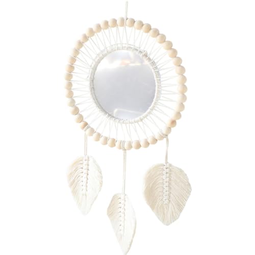 NOLITOY Tapiz Decorativo Geométrico con Espejo de Pared Blanco, Cuerda de Algodón y Vidrio, Diseño Elegante y Creativo Decoración del Hogar