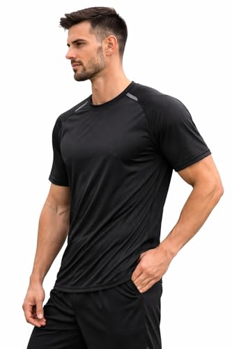 Image of CoreFlex Men's Black Activewear T-Shirt, Two-Way Stretch Polyester, Raglan Sleeve, Lightweight & Breathable, Gym & Sports Wear