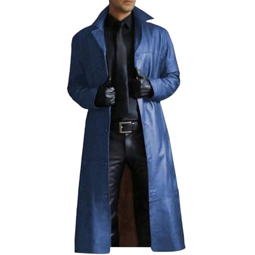 ZWRXW Mens Leather Trench Coat Full Length Vintage Classic Faux Leather Long Jacket Fall Winter Overcoat Coats Cardigan2