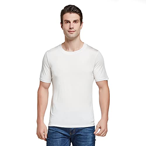 Viamulion Mens Silk Knitted T Shirt 100% Pure Mulberry Silk Sleep T Shirt Soft Cool Performance Crew Neck Casual Undershirt