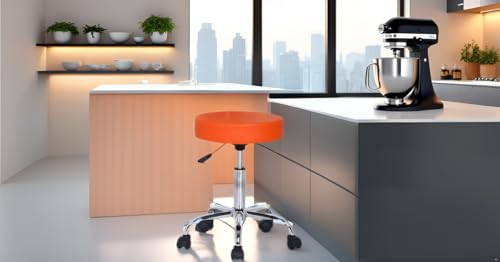 Image of NGFC Chrome Base Adjustable Swivel Stool | 15-Inch Cushioned Seat - Orange | Height Adjustable with 360 Swivel | Smooth Casters | Stylish & Durable Stool for Home, Office, Salon, Clinic, or Bar Use