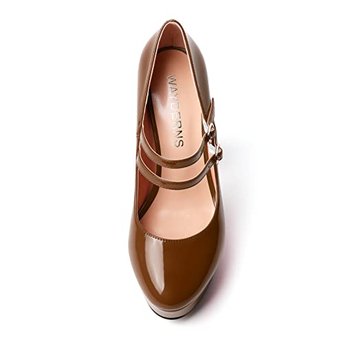 WAYDERNS Womens Dress Patent Round Toe Dating Mary Jane Platform Buckle Adjustable Doule Strap Block High Heel Pumps Shoes 5 Inch3