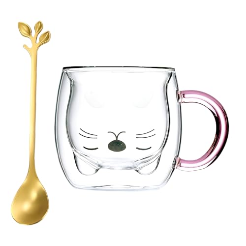 Xiuyer Tazza di Bicchieri Bicchierini Liquore Bicchieri da Rum Bicchieri Amaro Tazzine Caffe Vetro Doppia Parete Tazzine Borosilicato Bicchiere da Vodka 250ml Con Cucchiai(Gatto)