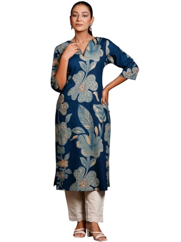Image of Rimeline Women's Cotton Floral Printed Kurta with Notch Neck Detail | Straight Fit Ethnic Wear for Office, Casual & Everyday Styling