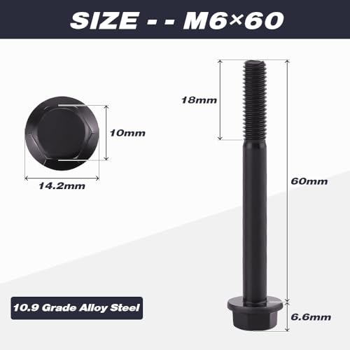 Image of M6-1.0 x 60mm (15 pcs) Flanged Hex Bolt Screws Black Oxide Finish, 10.9 Grade Alloy Steel, Large Flange Washer Head, DIN6921 /GB5789, Partial Thread