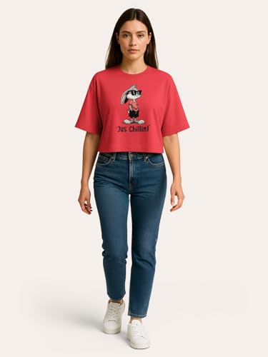 Image of HELLCAT Beige Printed Loose Fit Crew-Neck Crop T-Shirt for Women