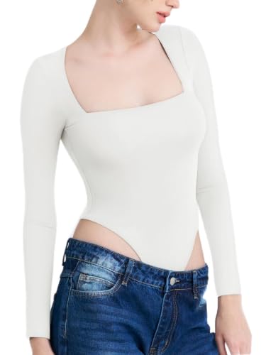 ATiPA Long Sleeve Bodysuit Large Off-White Double Layer Rayon Spandex Silky Soft 4-Way Stretch Bodysuits for Women Seamless Fit Womens Bodysuits Breathable No See-Through (Off-White Large)