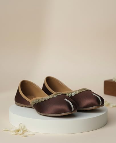 Image of Pluxh Women's Ethnic Jutti Shoes | Shiny Finish Mojari with Sequin Border | Soft Cushioned Slip-On Flats for Casual
