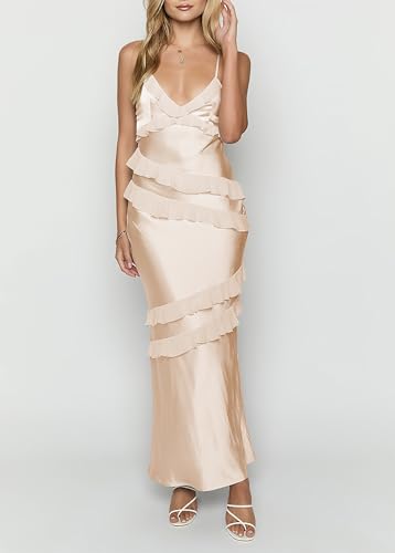 Summer V Neck Satin Ruffle Maxi Dresses for Women 2025 Spaghetti Strap Tie Backless Formal Wedding Guest Long Dress4