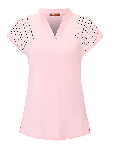 Felisou Collared Shirts for Women,Golf Polo V Neck T-Shirt Short Sleeve Fast Dry Workout Tops Casual Gym Exercise Tennis Clothes Pink XL