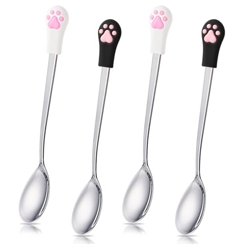 4 pcs Dog Spoon with Silicone Cats Claw, Stainless Steel Cat Spoons for Wet Food, Long Handle Dog & Cat Food Can Opener for Pet Dogs and Cats Can (White Black)