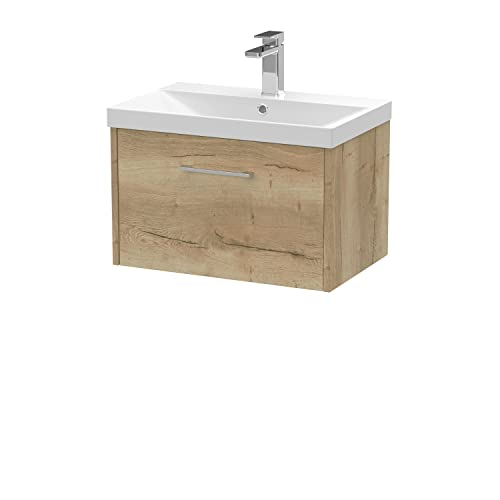 Hudson Reed JNU1822D Juno Modern Bathroom Wall Hung Single Drawer Vanity with Thin-Edge Ceramic Basin, 600mm, Woodgrain Autumn Oak