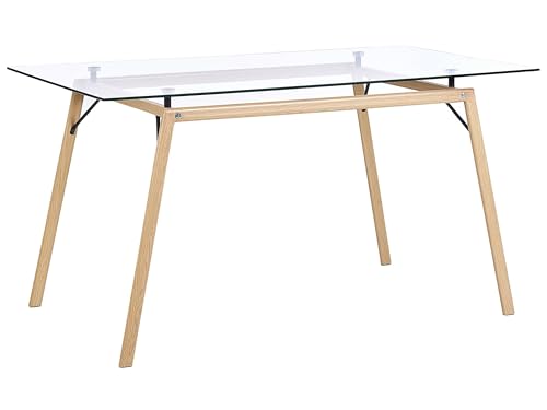 Table de Salle à Manger Design 140 x 80 cm Plateau en Verre de Sécurité et Pieds Métalliques Effet Bois pour Intérieur Moderne et Scandinave Beliani