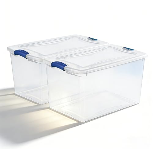 2 Pack 66 Quart (62.4L) Heavy-Large Clear Plastic Storage Bins with Locking Blue Latch Lids...