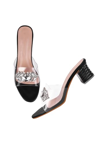 Image of TRYME Embellished Front Studded Buckle Block Heels Comfortable Transparent Party Kitten Heel for Womens & Girls