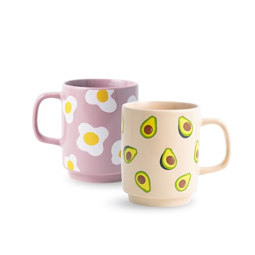 Image of Shay Ceramic Mug, 2 Pc, Egg & Avocado, 300ml | Glossy Finish | Ceramic Coffee Cup | Porcelain | Microwave Safe (Rise Mug - 2Pc - Egg & Avocado)