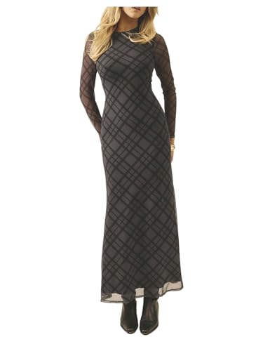BEAUDRM Women's Plaid Mesh Long Dress Gingham Crew Neck Long Sleeve Bodycon Party Going Out Dresses Grey Medium