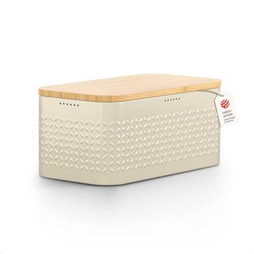 Image of LARS NYSOM Bread Box I Metal bread box for long lasting freshness with non-slip pads I Baked goods Bin with bamboo lid usable as cutting board I 13.6x7.3x6.2in (Almond Beige)