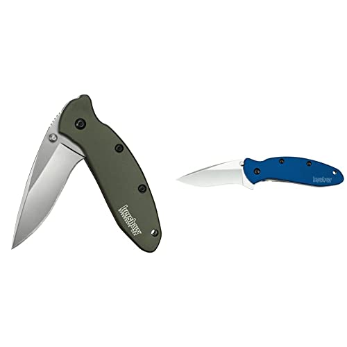 Kershaw Scallion, Olive Drab Pocket Knife ; 2.4” Bead-Blasted 420HC Steel Blade, Anodized Aluminum Handle; 2.5 OZ & Navy Blue Scallion Pocket Knife ; 2.4” 420HC Steel Blade; 2.5 OZ