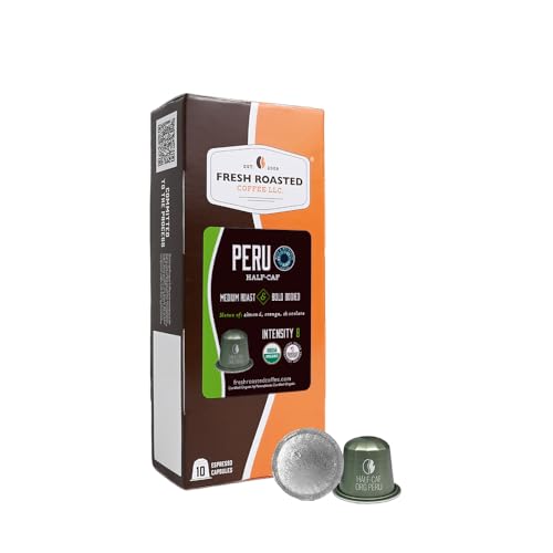 Fresh Roasted Coffee Organic Peru Water-Processed Half-Caf, Mold & Mycotoxin 3rd Party Tested Espresso Pods for Nespresso OriginalLine | USDA Organic, Kosher | 10 Recyclable Aluminum Capsules