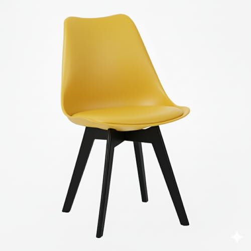 Image of Modern Dining Chair, Yellow Plastic with Black Wooden Legs, Contemporary Scandinavian Style Bar Stool