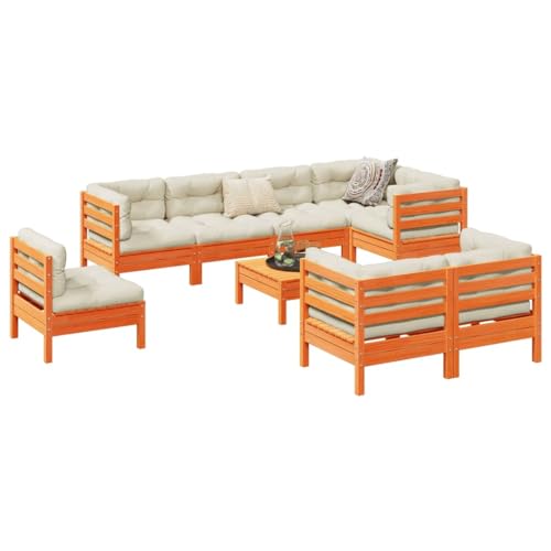Homgoday Set de sofás jardín 9 pzas con Cojines Madera Pino marrón Cera, Set Muebles de Salon Exterior, Conjunto Muebles de Jardin, Juego de Muebles de jardín