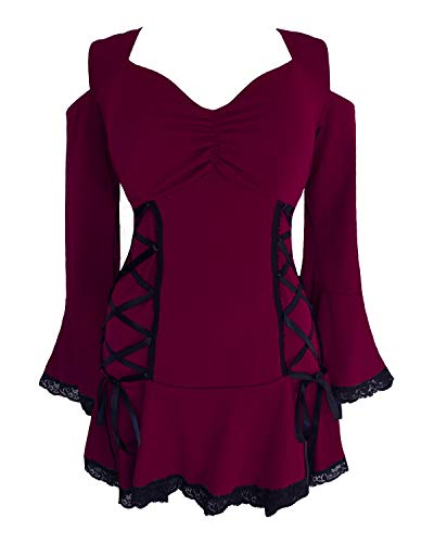 Dare to Wear Temptation Corset Top: Victorian Gothic Women's Plus Size Cold Shoulder Bell Sleeve Lace Casual Cosplay Festival Tunic, Burgundy 1x