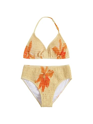 Image of RoseSeek Girl's Tie Dye Smocked 2 Piece Swimwear Sets Backless Halter Bikini Cute Brief Bathing Suit