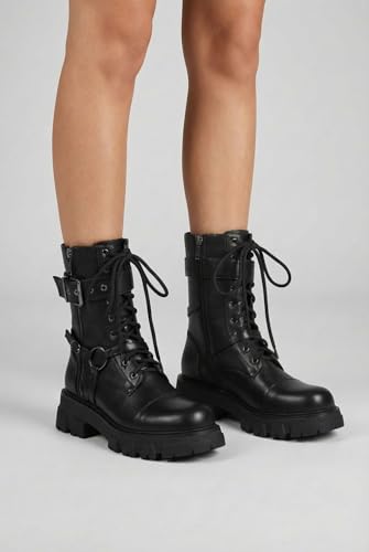 Image of Women Harness Motorcycle Biker Boots Steampunk Combat Boots Chunky Mid Calf Goth Boots Lug Sole Lace up Side Zipper