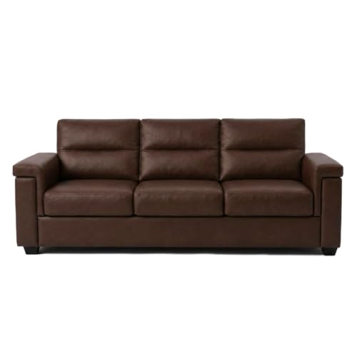 Image of FURNY Parker 3 Seater Fabric Sofa Set with Leatherette Finish | Durable Comfort | Ideal for Living Room | Modern Design (Dark Brown Leatherette)