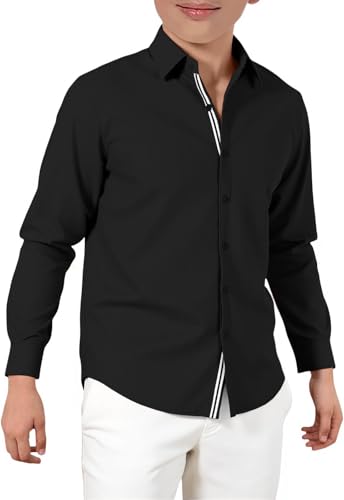 Haloumoning Boys Long Sleeve Dress Shirts Kids Solid Casual Button Down Uniform Shirts 5-14 Years