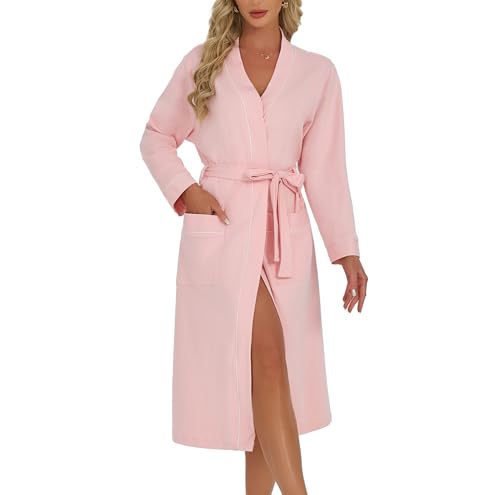 U2SKIIN Damen Bademantel Baumwolle Morgenmantel mit Tasche V-Ausschnitt weich und komfortabel Kimono Robe Nachtwäsche SPA(Rosa M)