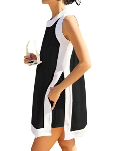 Women’s 2 Piece Sets Boho Color Block Dress Summer Casual Sleeveless Crewneck Tops Shorts Matching Set with Pockets
