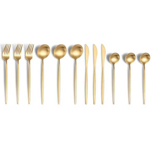 Image of aDai Aurum Gold Silverware Set | Satin Finish 12-Piece Stainless Steel Flatware Set | Dishwasher Safe Cutlery for Home, Restaurant & Gifting