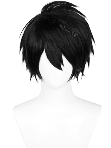 Image of Half and Half Short Black Anime L Note Cosplay Wig for Men Black Emo Costume Gothic Male Wigs with Bangs Layers for Women Unisex Halloween Party