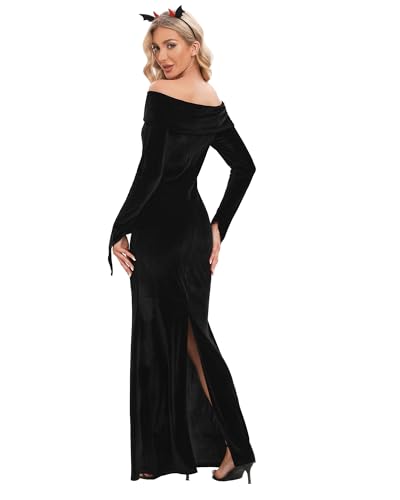 YAOBAOLE Sexy Halloween Karneval Kleid Damen Langarm Samt Renaissance Partykleid Damen Kostüm Cosplay Outfit Maxi Kleid Damen Zurück Split Schwarz S