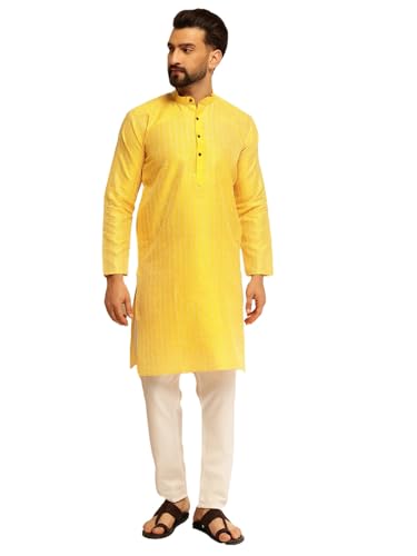 Image of SOJANYA (Since 1958 Men's Silk Blend Contrast White Thread Detailing Kurta With White Pyjama