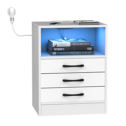 PIPIPOXER Nachttisch LED mit Steckdose & USB, Nachttisch Weiß Hochglanz...