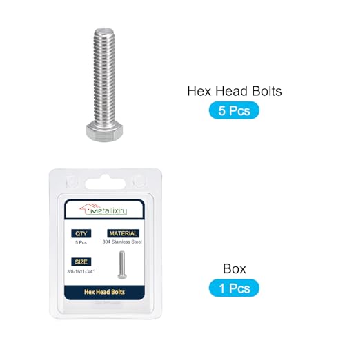 Image of METALLIXITY Hex Head Bolts (3 /8-16 x 1-3 /4 inch) 5Pcs, 304 Stainless Steel 18-8, Fully Threaded, External Hex Drive, Plain Finish, Hex Head Screw Bolt, Silver