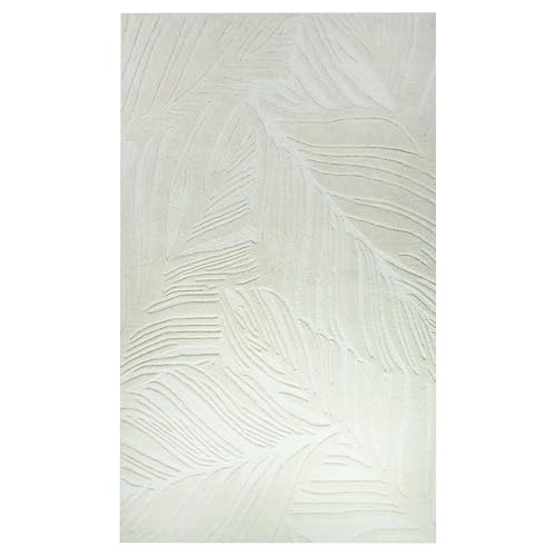 Ivory Textured Area Rug with Abstract Leaf Pattern, Soft Plush