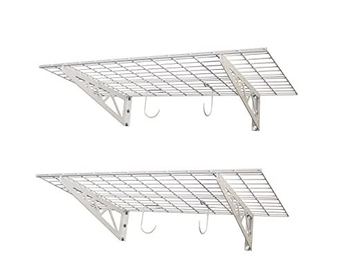 SafeRacks Wall Shelves - 2 Pk 24"x48" Wall Mountable Shelving Unit for Storage Rack, Pantry Shelves, Utility Shelving, Heavy Duty Shelves w/ 4 Versatile Accessory Hooks, 500lbs Capacity, White