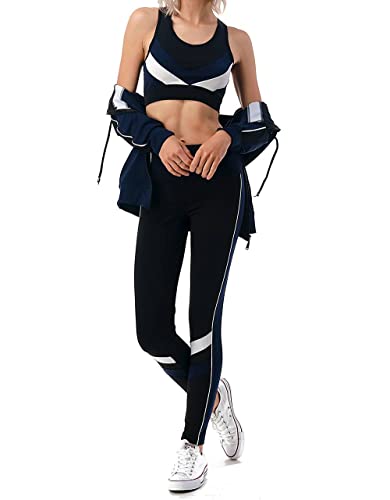 Jvini Women's 3 Piece Sports Outfit Set - Zip Up Hoodie Sweatshirt - Raceback Bra & Meshed High Waist Leggings Navy/Black Lxl Us (8-12) #TOP4